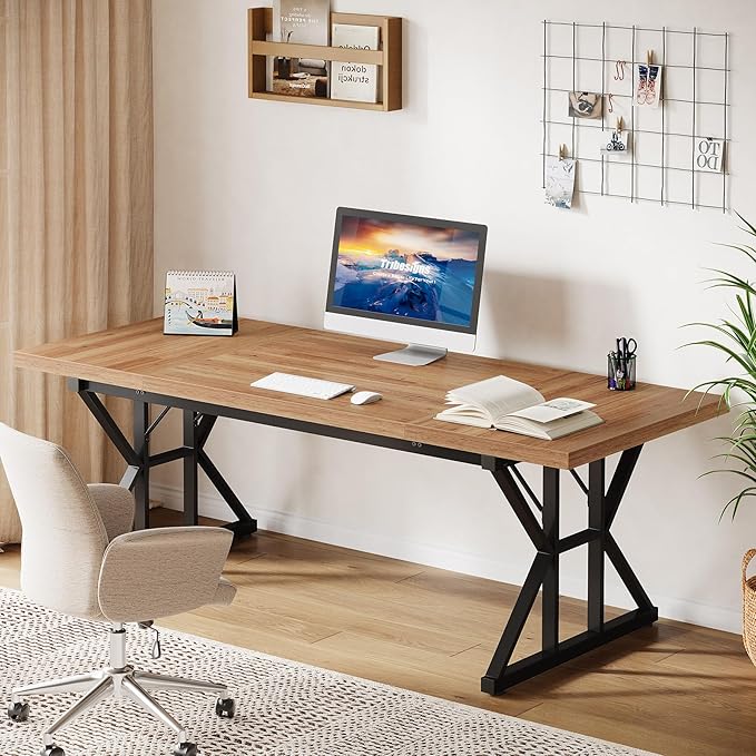 Tribesigns 70.86-Inch Large Executive Desk Industrial Home Office Computer Desk Simple Long Writing Study Table Business Furniture (Light Brown/Black)