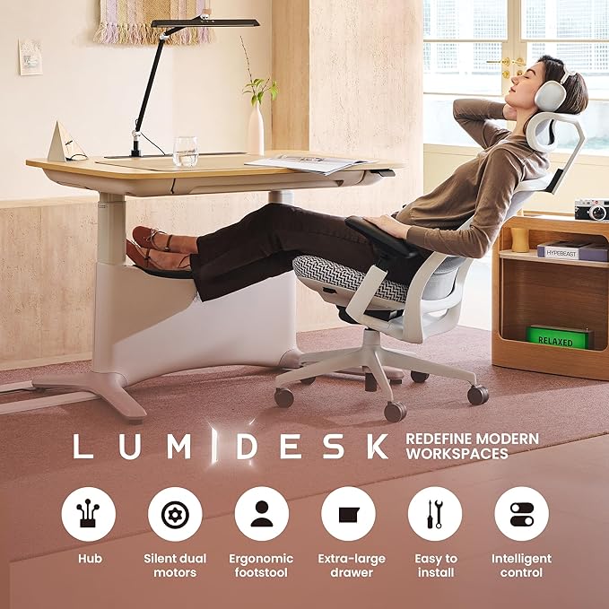 COLAMY LumiDesk All-in-1 Electric Standing Desk Height Adjustable Desk (Veneer Desktop Oak + White)