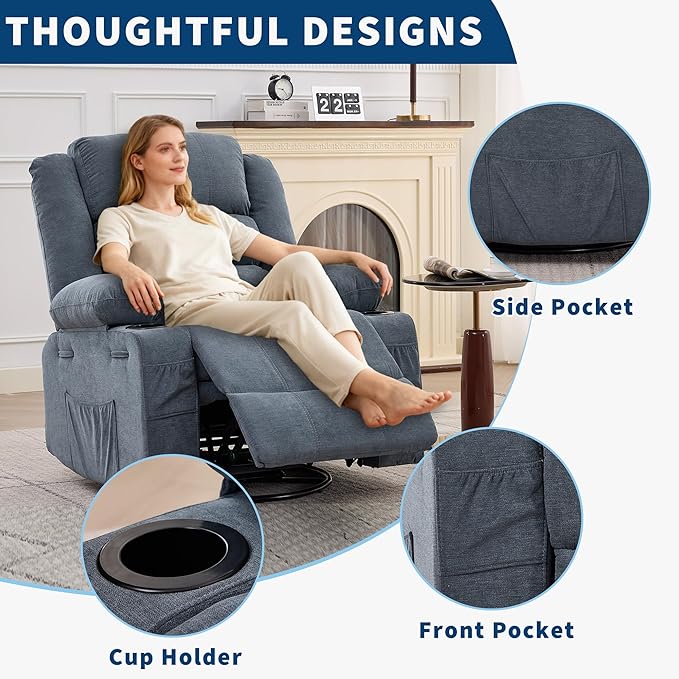 Swivel Rocker Recliner Chair for Adults 360° Rocking Manual Glider Sofa with 3 Positions 2 Cup 4 Pocket for Living Room or Nursery (Blue)