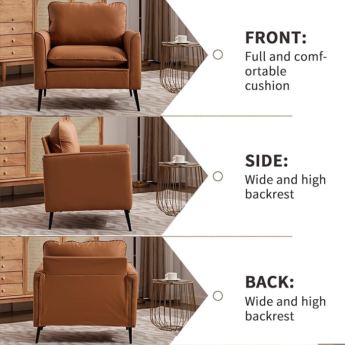 YISHENG Mid-Century Modern Living Room Accent Chairs Set of 2 - Oversized Faux Leather Armchairs with Removable Cushions &amp Metal Legs Comfortable Sofas for Office/Lounge/Bedroom/Reception（Brown）