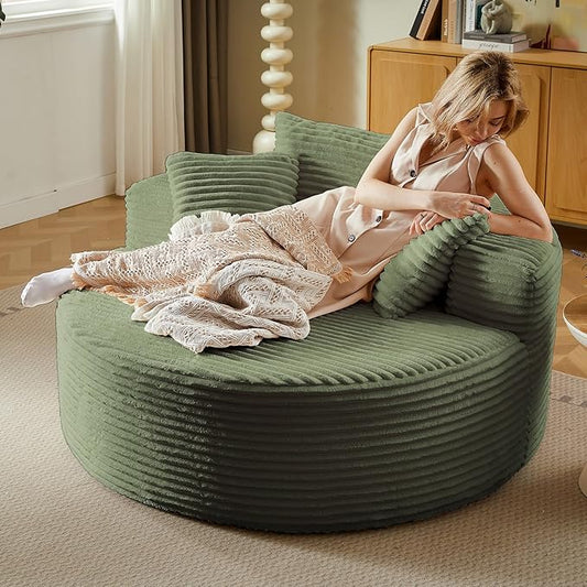 55'' Oversized Round Chair Lounge Chaise Indoor Cloud Boneless Large Circle Chair with Plush Corduroy No Assembly Required Fluffy Modern Sleeper Sofa Bed for Reading Living Room Bedroom(Green)