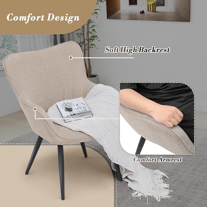 Athena Collection Wingback Accent Chair for Living Room Upholstered Arm Reading Chair for Adults Cozy Linen Fabric Armchair with Metal Legs for Bedroom Makeup Office Beige