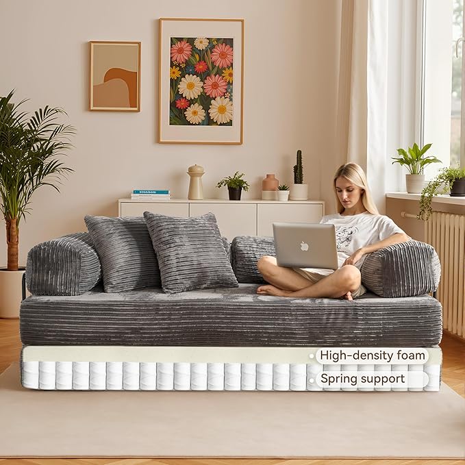 4-in-1 Folding Sofa Bed 78 Oversized Corduroy Sleeper Chair Convertible Loveseat to Floor Bed with Storage Pockets Boneless Design for Living Room Bedroom &amp Small Spaces