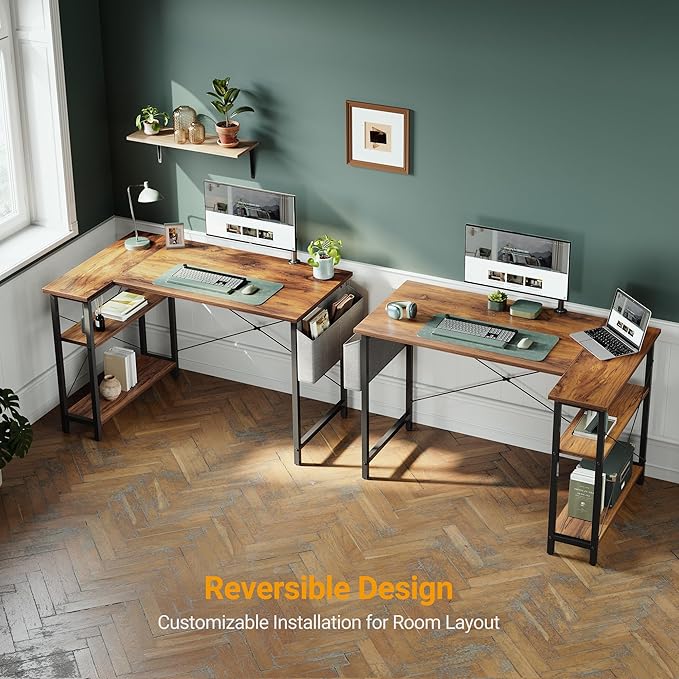 Cubiker L Shaped Desk 40 Computer Desk with Reversible Storage Shelves Home Office Corner Desk Study Writing Gaming Table Deep Brown