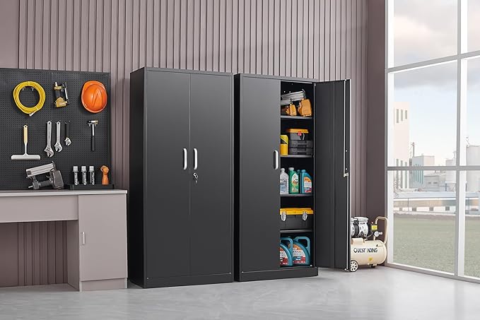 Metal Storage Cabinet with Adjustable Shelves Garage Cabinet with 2 Lockable Doors Garage Storage Cabinet Kitchen Pantry Cabinet - 71'H Black