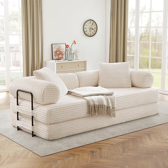 Modular Couch Bed Convertible Folding Plush Corduroy Comfy Floor Memory Foam Compression Loveseat Sleeper Sofa Couch King Size Bed for Guest Room Living Room Bedroom No Assembly Required Beige