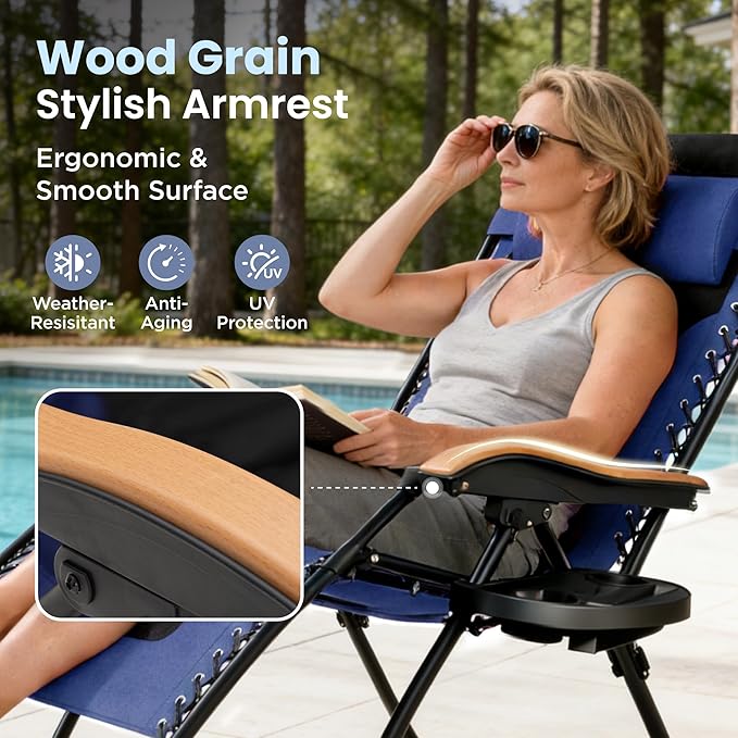 PHI VILLA XXL Oversized Padded Zero Gravity Chair Foldable Patio Recliner 30 Wide Seat Anti Gravity Lounger with Cup Holder Support 400 LBS (Navy Blue)