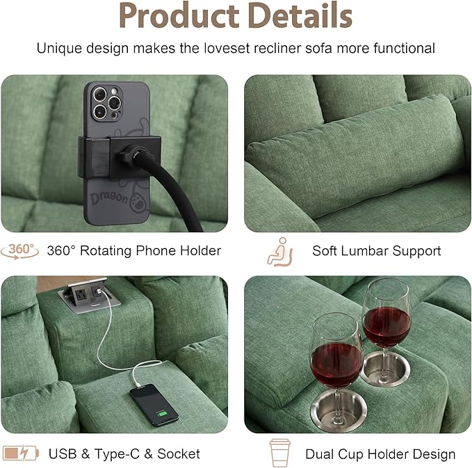 Reclining Loveseat with Rocker FunctionCat-Proof Loveseat Recliner Sofa with Phone Holder/USB/Type C RV Double Rocker Reclining Couch for Home TheaterLiving Room (Green) | Rocker Function Cat-Proo