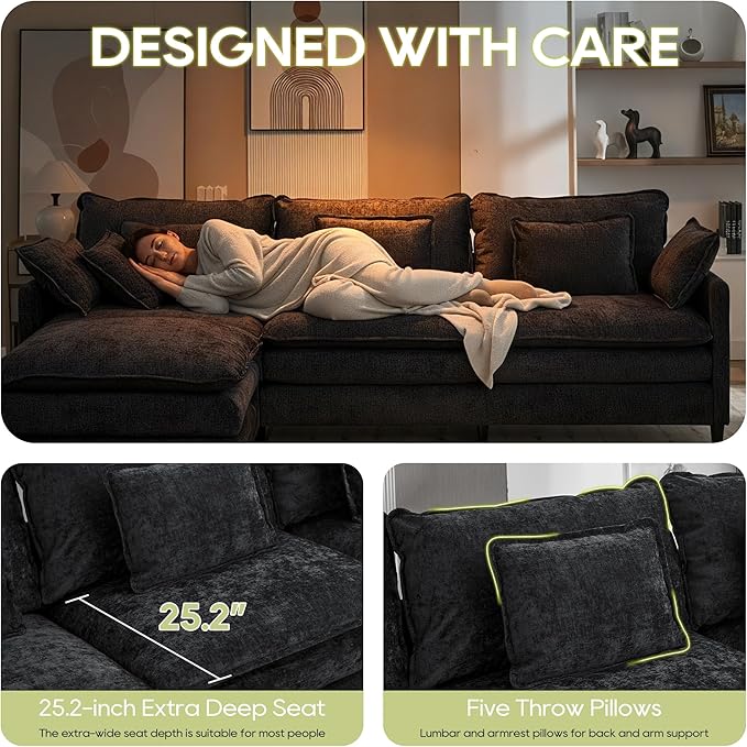113 Chenille Modular Sectional Sofa Convertible L Shaped Modular Sofa Comfy Cloud Couch with Ottoman Side Pockets and 5 Throw Pillows for Living Room (Black 113'' - 4 Seat)