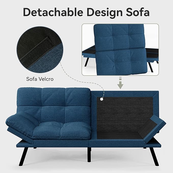 Convertible Futon Sofa Bed71 Memory Foam Futon CouchDetachable CushionAdjustable Backrest &amp ArmrestLinen Modern Loveseat Sleeper Recliner for Living RoomOfficeApartmentRoyal Blue