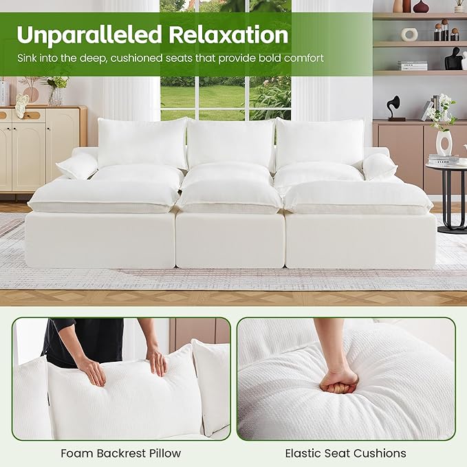 109 3 Seat Boneless Couch with Movable Ottoman Boneless Modular Sectional Sofa Deep Seat Modern Sleeper Sofa Bed for Living Room Cloud Modular Sectional Couch 3 Seat Chenille Chaise Lounge White