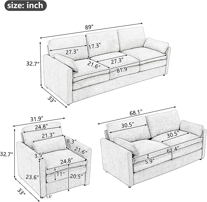 3-Piece Cozy Upholstered Sofa Set Upholstered Sofa Set with Single Sofa Loveseat and 3-Seater Sofa Oversized Comfy Cloud Sofa for Living Room Office Apartment (Light Grey-4c)