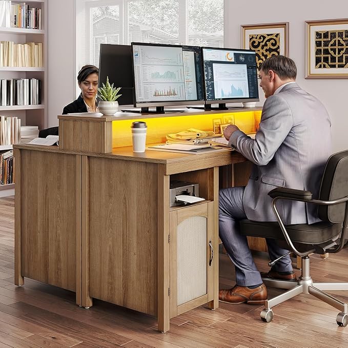 DWVO Farmhouse Office Desk with Drawer &amp Power Outlets Rattan Computer Desk w/LED Strip &amp Monitor Stand for Bedchamber Study Home Office Table w/Storage Cabinet for Working Writing Gaming (O