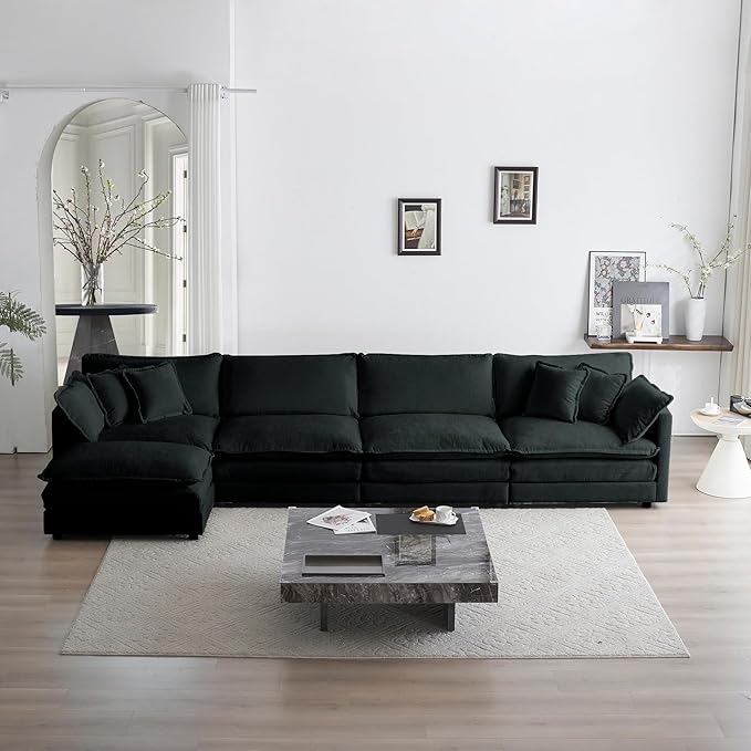 146.5 Sectional Sofa Couch for Living Room Modern Upholstered Sofa 4 Seater Couch with Pillows Deep Seat Sofa Furniture for Apartment Office Chenille Fabric Black