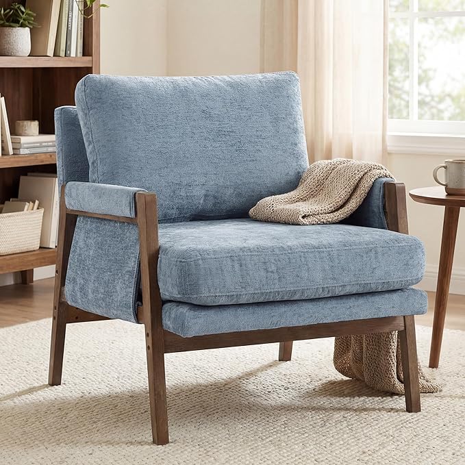 DUHOME Mid Century Modern Accent Chair with Wood FrameComfy Reading Chair with Armrest Mid Century Modern Chair Upholstered Living Room Chairs for BedroomBlue