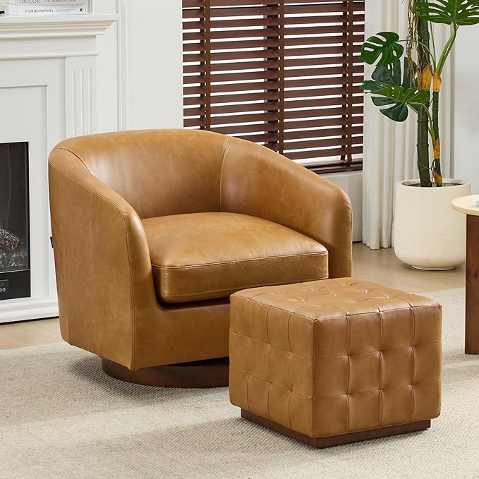 AEDI Oil-Wax Leather Swivel Chair &amp Ottoman Set Modern Barrel Accent Chair Camel