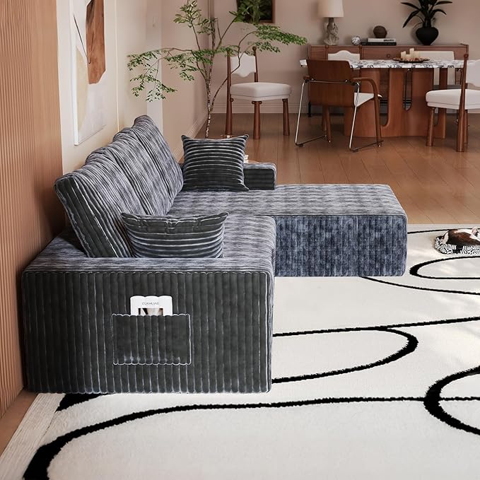 108” L Shape Sectional Boneless Couch35D Sponge Comfy 3 Seat SofaCloud Thickened FlannelModular Couches for Living RoomNo AssemblyDeep SeatOversized Chaise (Gray 108 Right Chaise)