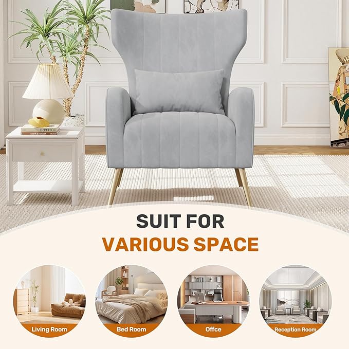 Velvet Accent Chair Wingback for Living Room High Back Arm Chair with Golden Legs Lumbar Pillow Upholstered Single Sofa Bedroom Light Gary