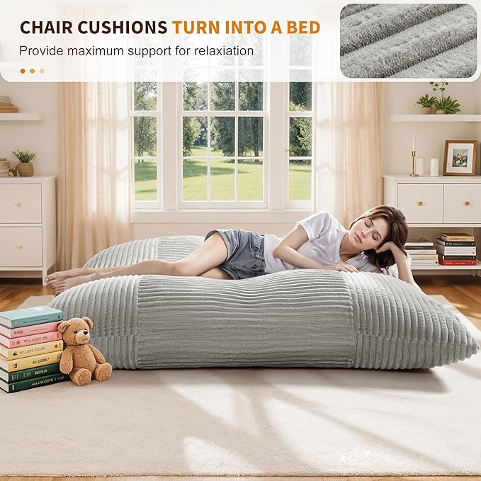 Oversized Comfy Cloud-Like Accent Chair Extra-deep Seat Bean Bag Chairs Convertible Stuffed Bean Bag Cushion with Removable Washable Cover Grey