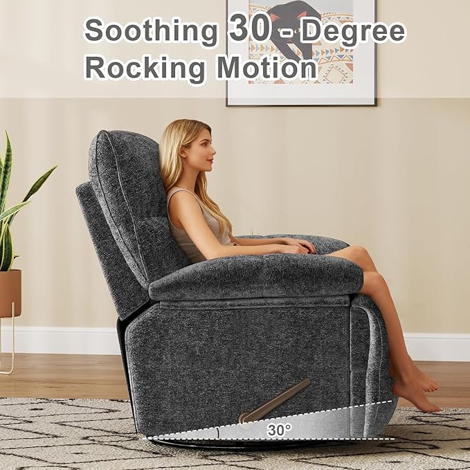 Oversized Rocker Recliner Chair for AdultsOverstuffed 360° Swivel Rocking Recliner Extra Wide Breathable Fabric Manual Reclining Single Sofa for Living Room (Gray)