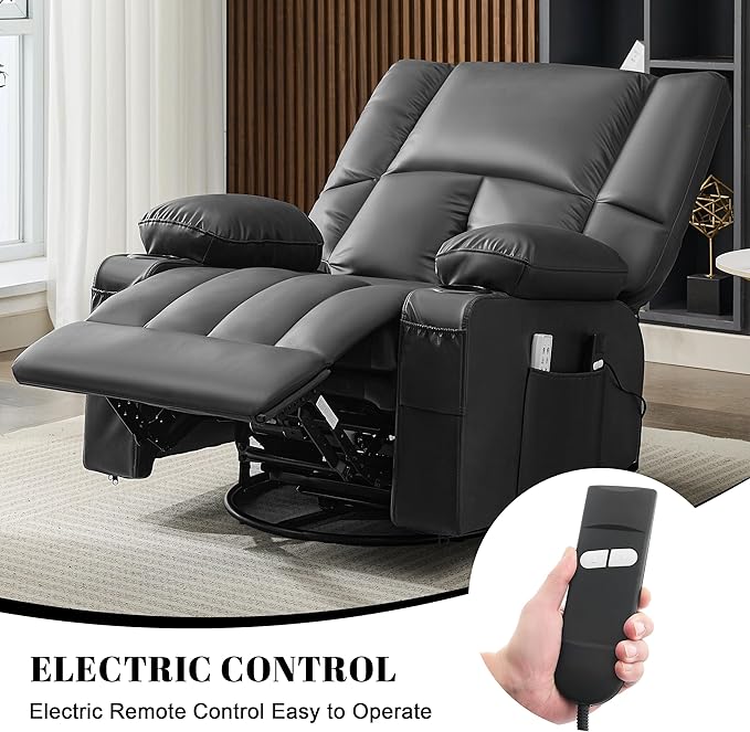 Oversized Recliner Chairs for Adults 270° Swivel Rocker Recliner with Heat and Massage Lazy Boy ReclinerRecliner Chairs Single Sofa Seat with Cup Holders (BlackElectric)