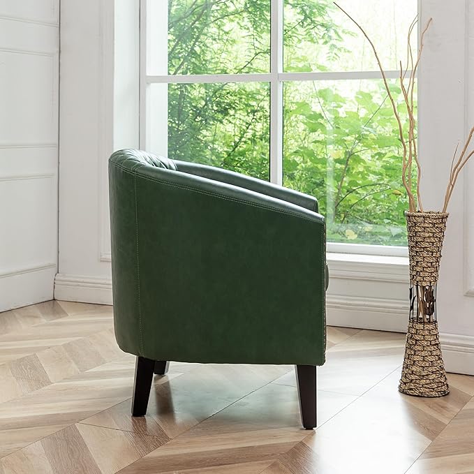 KINWELL 29 W Modern Faux Vegan Leather Barrel Chair PU Upholstered Tufted Accent Club Chairs with Nailhead Trim Small Armchair for Living Room Bedroom Apartment Lounge Nursery Green