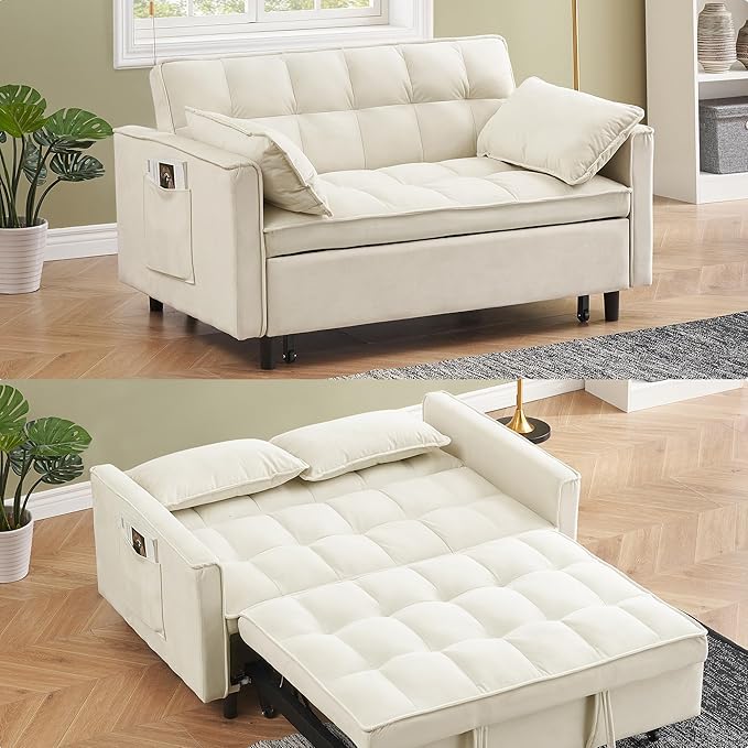 55 Sleeper Loveseat3 in 1 Sofa BedPull Out Couch Bed with 2 Pillows and Side PocketsVelvet Convertible Bed for Small SpacesLiving Room (Beige)