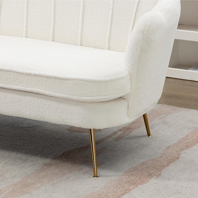 Modern Boucle Loveseat CouchFuton Small Sofa with Gold Metal Legs 2-Seater Upholstered Mini Sofa Couches for Small SpaceLiving Room Bedroom Office Dorm Studio Apartment Love Seat Couche(White)
