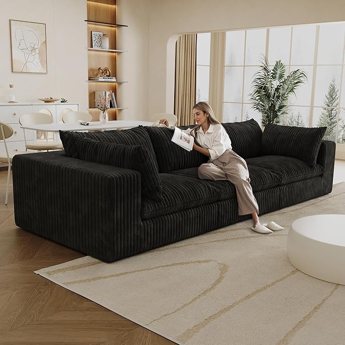 118.2 Modular Boneless Sofa 3 Seater Cloud Sectional Couches for Living Room Deep Seat Corduroy Upholstered Couch Furniture Set No Assembly Required (Black 3 Seater)