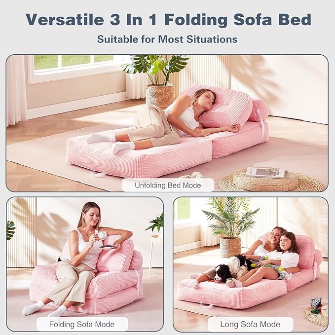 Folding Sofa Bed Flannel Futon Couch Bed with Pillow and Blanket Convertible Sleeper Chair for Living Room Bedroom Pink