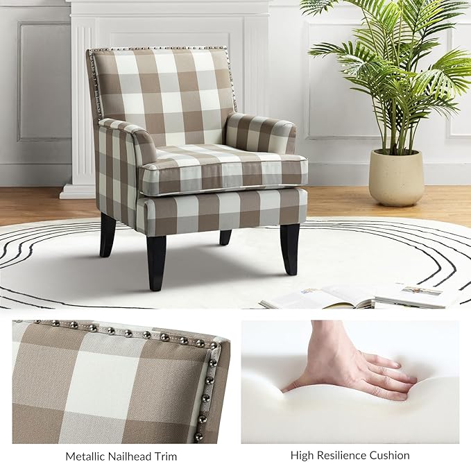 High Back Accent Arms Chair Modern Accent Chair with Wooden Legs Reading Chair with Padded Armrest and Comfortable Cushioned Seat for Living Room Bedroom
