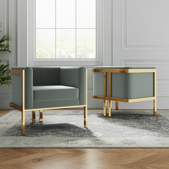 Manhattan Comfort Paramount Velvet Accent Armchair Set of 2 Polished Brass Frame with Geometric Legs Art Deco Chair 1920s Glamour Fully Assembled Living Room Lounge Seat Warm Grey