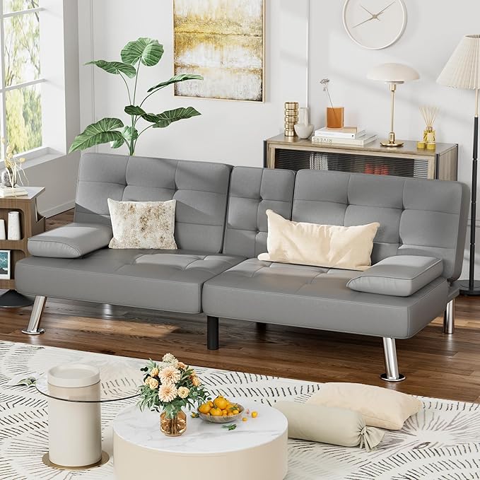 Homall Futon Sofa Bed Leather Futon Couch with Removable Armrests Adjustable Recliner Sleeper Sofa Bed with Dual Cup Holders for Living Room Apartment Office (Gray)