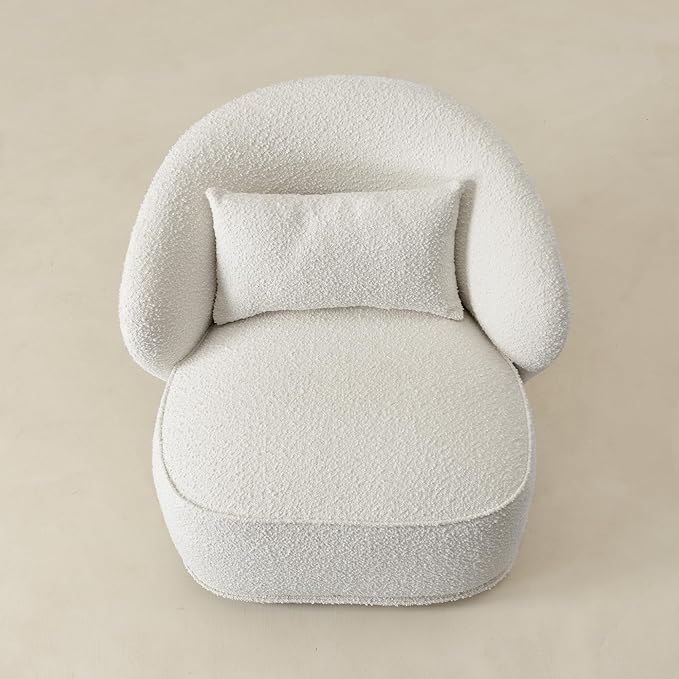 KINWELL 33 W Mid Century Modern Swivel Barrel Chair Upholstered Boucle Swivel Accent Chairs No Assembly Sofa Chair with Toss Pillow for Living Room Bedroom Reading Nursery Cream