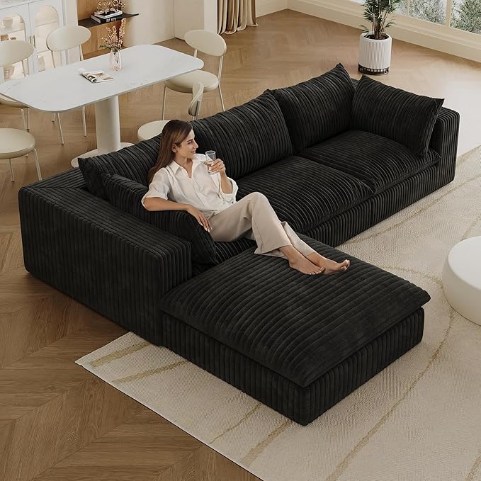 Cloud Compressed Modular Sectional Sofa 118 Oversized L-Shaped Corduroy Couch with 39 Deep Seat &amp Large Ottoman Soft Frameless Sponge Pit Sofa for Movie Room &amp Living Room | Plush Wider A