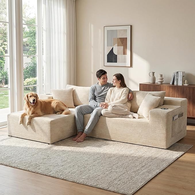 Bashaw 108 Modular Sectional Sofa Couches with Chaise L-Shape Boneless Couch Deep Seat Upholstered Boneless Sectional Couch for Living Room (Beige 108 Left Facing Chaise) | Sectional Boneless L-