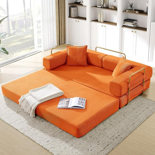 Convertible Folding Sofa Bed Corduroy Sleeper Mattress Couch with Fixed-Shape Frame Free Combination Loveseat Lounge Floor Sofa Queen Size Memory Foam Couch for Living Room Bedroom Orange