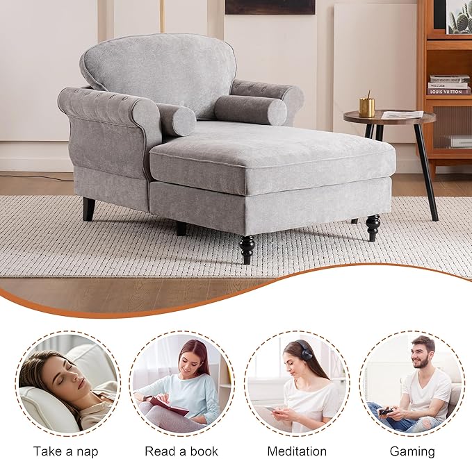 59.3 D Chaise Lounge Chair IndoorModern Chenille Upholstered Recliner Sofa with 2 Rolled PillowsComfy Sleeper Chair Bed for Living Room Bedroom Office(Light Grey 1 Seat)