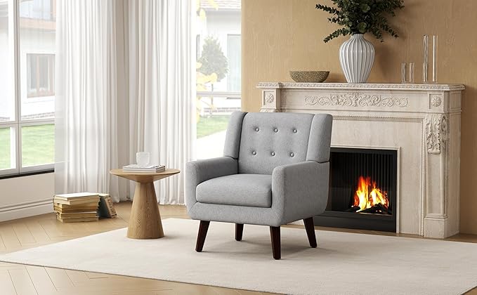 Accent Chairs Mid-Century Modern Upholstered Living Room Armchair Comfy Oversized Linen Fabric Single Reading Arm Chair with Tufted Back and Wood Legs for Bedroom Club (1 Light Grey)