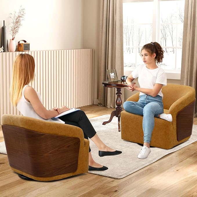 Swivel Accent Chair Faux Leather Swivel Barrel Chair Comfortable Mid Century Modern Chair Upholstered Metal Base Armchair for Living Room Bedroom Office Large Vintage Yellow