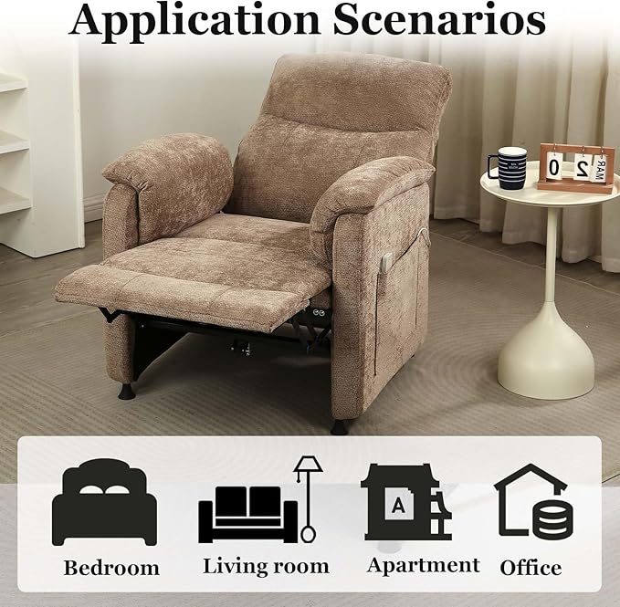 Small Electric Nursery Recliner Chairs for AdultsGrey Power Recliner Chairs with Remote &amp Side Pockets Fabric Reclining Chair for Living Room Bedroom Ofiice Comfort &amp Space-Saving (Brown)