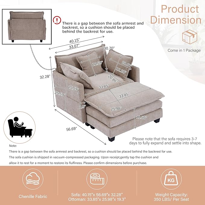 Winterstorm Chenille Oversized Chair with Ottoman - 40 W Comfy Accent Chair and Ottoman Set Single Large Cloud Sofa Armchair with Extra Deep Seat for Apartment Living Room (Khaki)