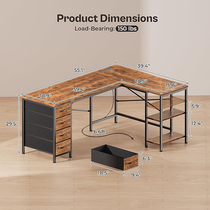 Huuger 55 Inch L Shaped Desk with Fabric Drawers Reversible Computer Gaming Desk with Power Outlets and USB-C Port Adjustable Side Storage Shelves for Work Study Corner Home Office Rustic Brown