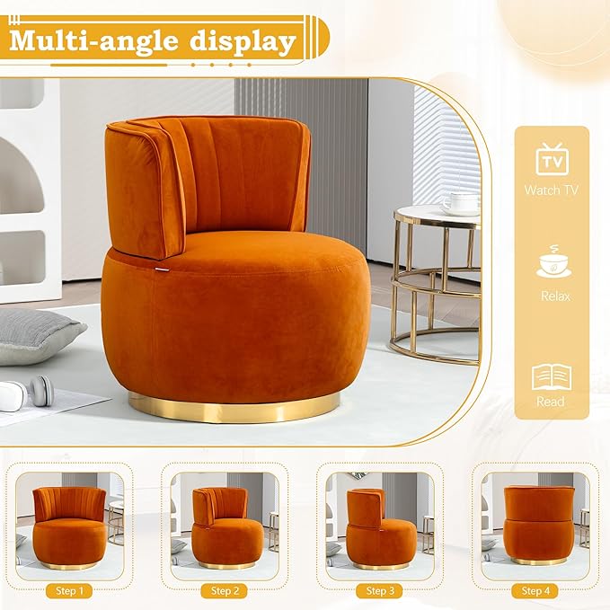 SLEERWAY 360° Swivel Barrel Chair Modern Velvet Round Accent Chair Comfy Upholstered Small Armchair with Gold Metal Base for Living Room Bedroom Nursery Office Sillas para Sala Orange