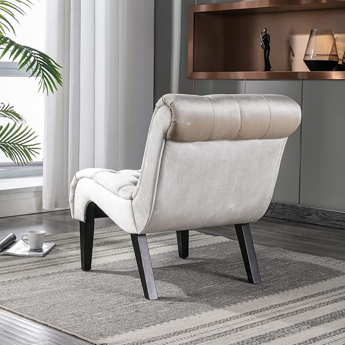 Yoluckea Modern Upholstered Accent Chair S-Shape Armless Lounge Chair for Bedroom Living Room Comfy Velvet Chaise Chairs with Button Tufted Back and Solid Wood Legs Beige