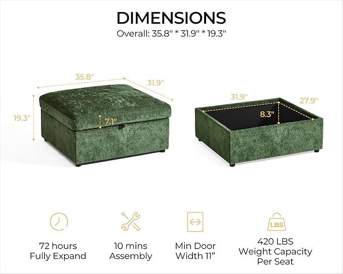Storage Ottoman Module for Olar Oversized Modular Sectional Sofa Wide Cloud Couch Cushion Covers Removable Freely Combined with Other Modules by U-connectors Chenille Green