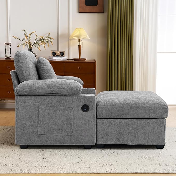 58'' Chaise Lounge Chair Indoor Cloud Arm Chair with Ottoman Set Oversized Accent Chair with Ottoman Reading Chair with Cup Holders &amp USB Charging Ports for Living Room Bedroom (Grey)