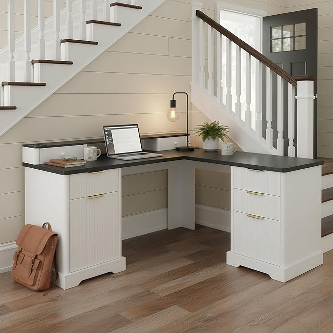 Hommoo L Shaped Home Office Desk with Drawers Wood Corner Computer Desk with File Cabinet and Storage Shelf Executive Work Study Writing Table with Power Outlets and Monitor Stand 59 Inch White