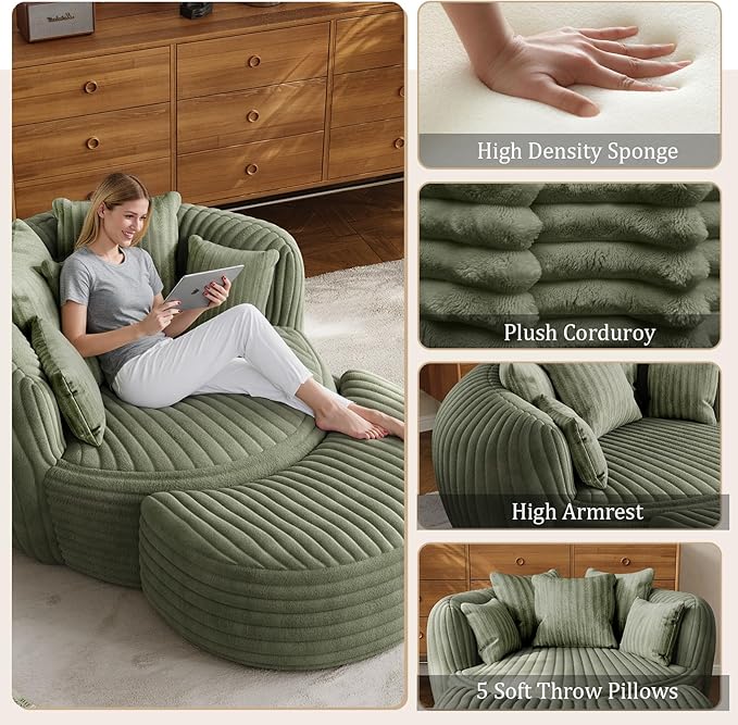 50 Oversized Chaise Lounge Indoor Round Reading Chair Lounge Chair with Ottoman Boneless Sofa Bed Large Fluffy Plush Corduroy Chaise Chair for Living Room Playroom Bedroom Green