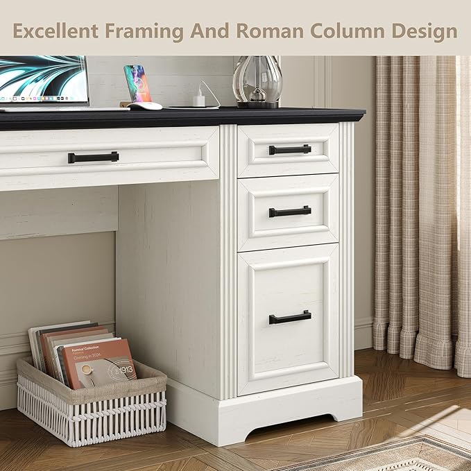 Furniouse Farmhouse 76 Height Executive Desk with Hutch Office Desk with Charging Station Drawers and Storage Cabinet Workstation for Office Home Black Tabletop Off White